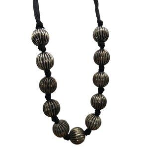 Vintage Black Multistrand Cloth Necklace, Fluted Silver Tone Bead Stations